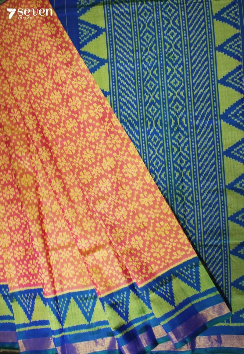 Eeshani Patola Handloom Single Ikkat Orange Pure Silk Saree|Silk Mark Certified - Seven Sarees - Saree - Seven Sarees