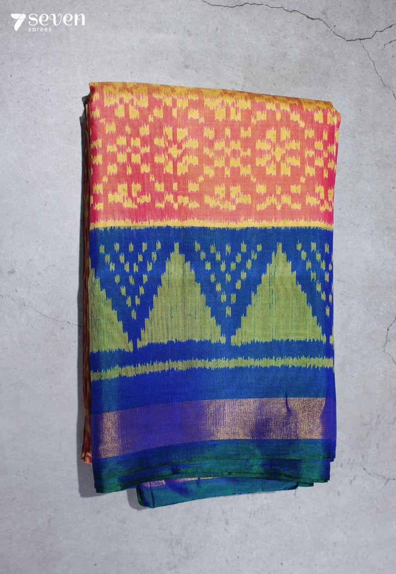 Eeshani Patola Handloom Single Ikkat Orange Pure Silk Saree|Silk Mark Certified - Seven Sarees - Saree - Seven Sarees