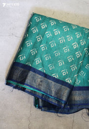 Emerald Hour Handloom Blue Pure Tussar Silk(Kosa) Saree with HandBlock Print| Silk Mark Certified - Seven Sarees - Saree - Seven Sarees