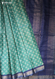 Emerald Hour Handloom Blue Pure Tussar Silk(Kosa) Saree with HandBlock Print| Silk Mark Certified - Seven Sarees - Saree - Seven Sarees
