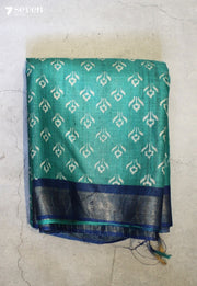 Emerald Hour Handloom Blue Pure Tussar Silk(Kosa) Saree with HandBlock Print| Silk Mark Certified - Seven Sarees - Saree - Seven Sarees