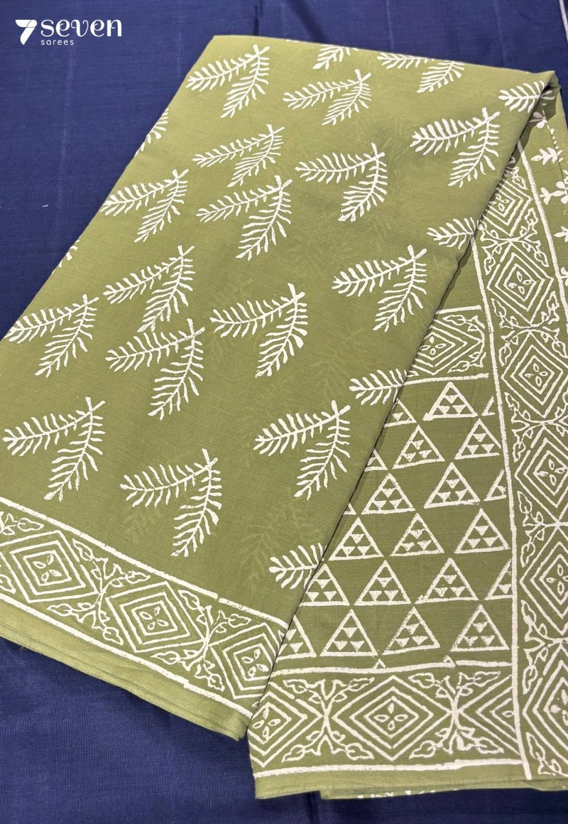 Fig Field Jaipur Green Handblock 100% Cotton Saree - Seven Sarees - Saree - Seven Sarees