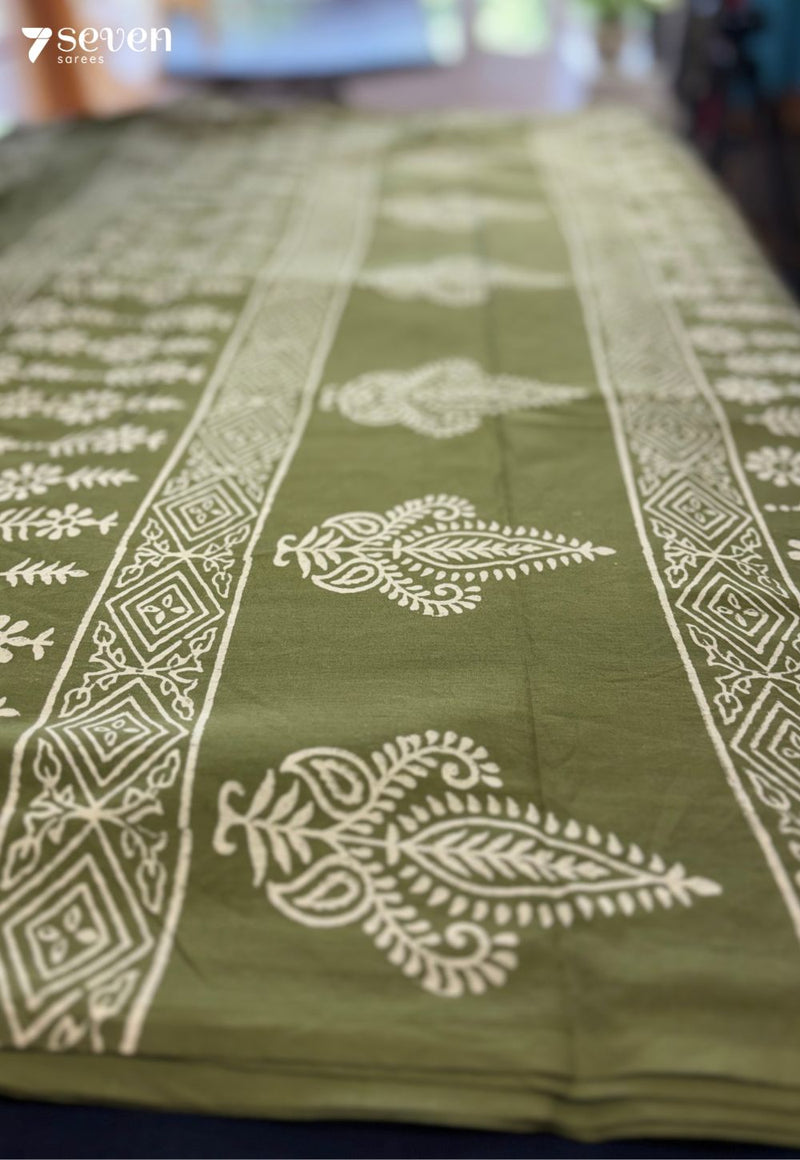 Fig Field Jaipur Green Handblock 100% Cotton Saree - Seven Sarees - Saree - Seven Sarees