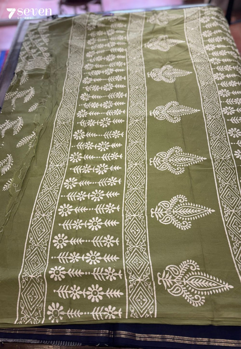 Fig Field Jaipur Green Handblock 100% Cotton Saree - Seven Sarees - Saree - Seven Sarees