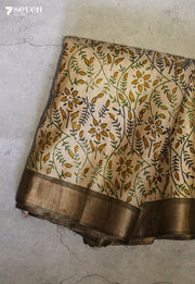 Fresh Earth Handloom Green Pure Tussar Silk(Kosa) Saree with Handblock Print| Silk Mark Certified - Seven Sarees - Saree - Seven Sarees