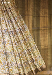 Fresh Earth Handloom Green Pure Tussar Silk(Kosa) Saree with Handblock Print| Silk Mark Certified - Seven Sarees - Saree - Seven Sarees