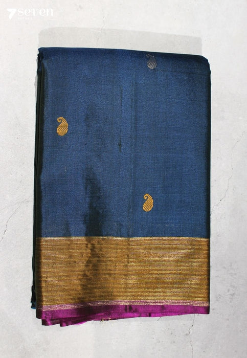 Gajakesari Signature Seven Handloom Peacock Blue Bangalore Pure Silk Cotton Saree - Seven Sarees - Saree - Seven Sarees