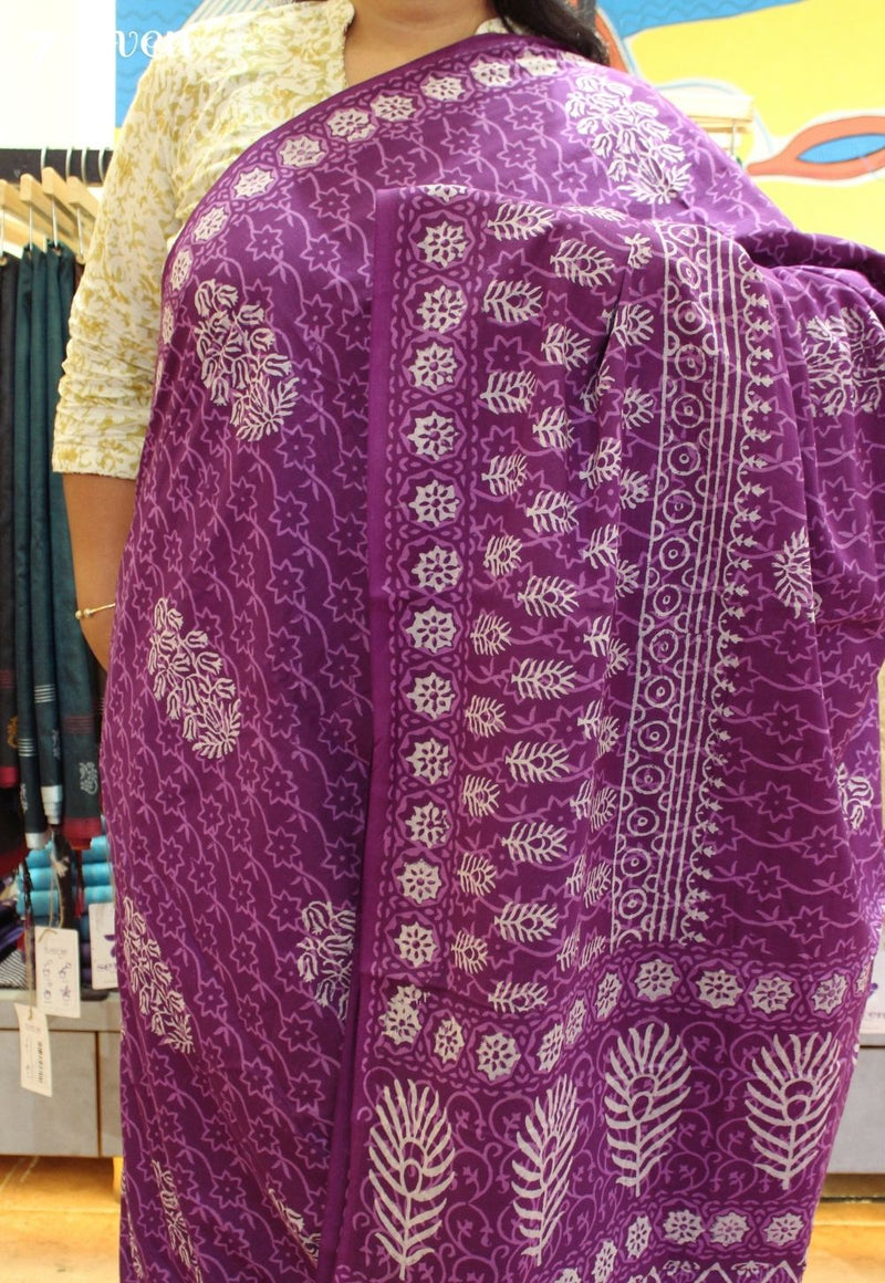 Garima Jaipur Violet Hand Block Printed 100% Cotton Saree - Seven Sarees - Saree - Seven Sarees