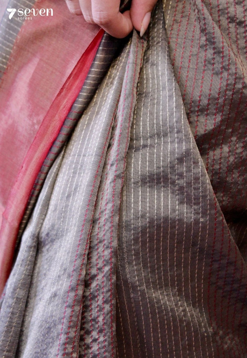 Glazed Petals Signature Seven Handloom Grey Bangalore Vegan Silk Saree - Seven Sarees - Saree - Seven Sarees