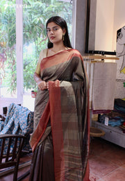 Glazed Petals Signature Seven Handloom Grey Bangalore Vegan Silk Saree - Seven Sarees - Saree - Seven Sarees