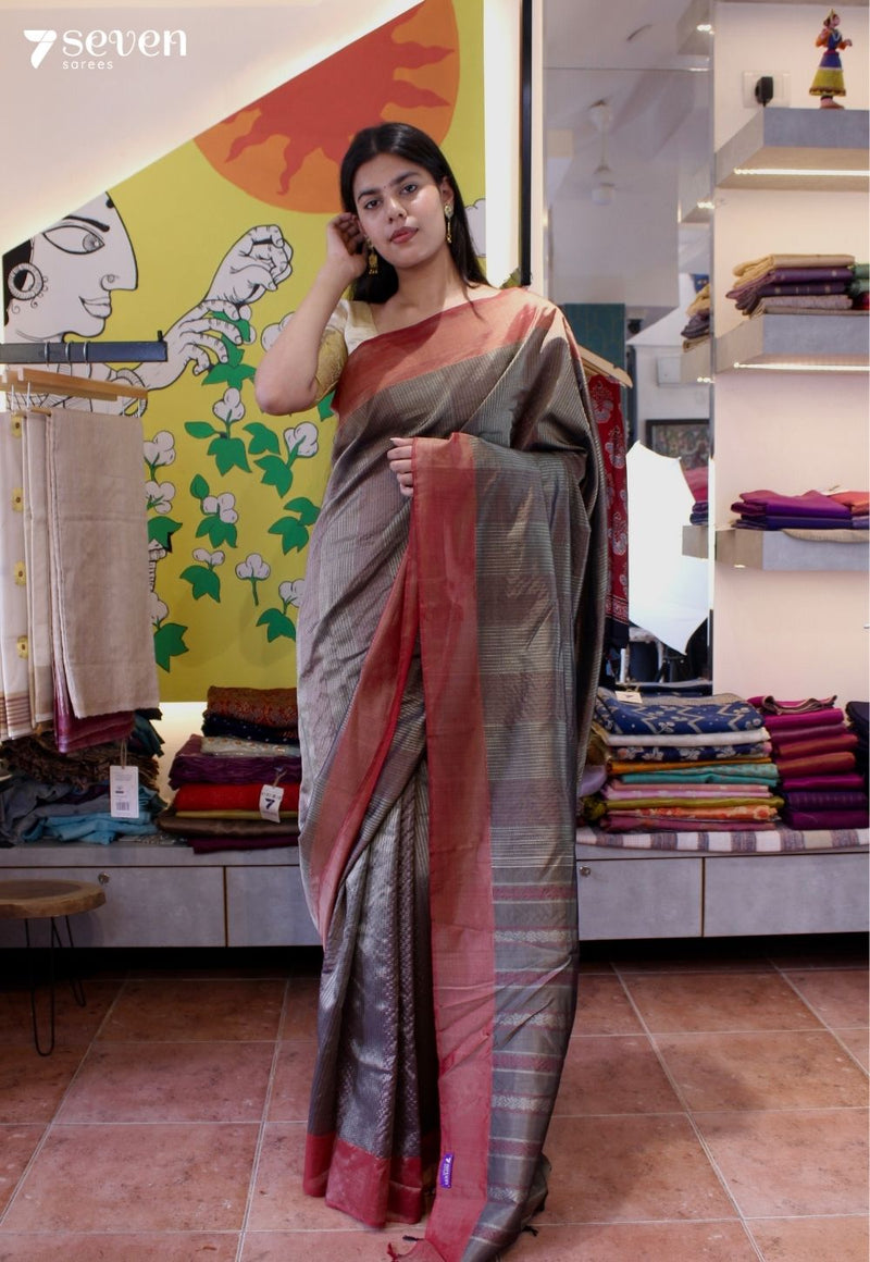 Glazed Petals Signature Seven Handloom Grey Bangalore Vegan Silk Saree - Seven Sarees - Saree - Seven Sarees