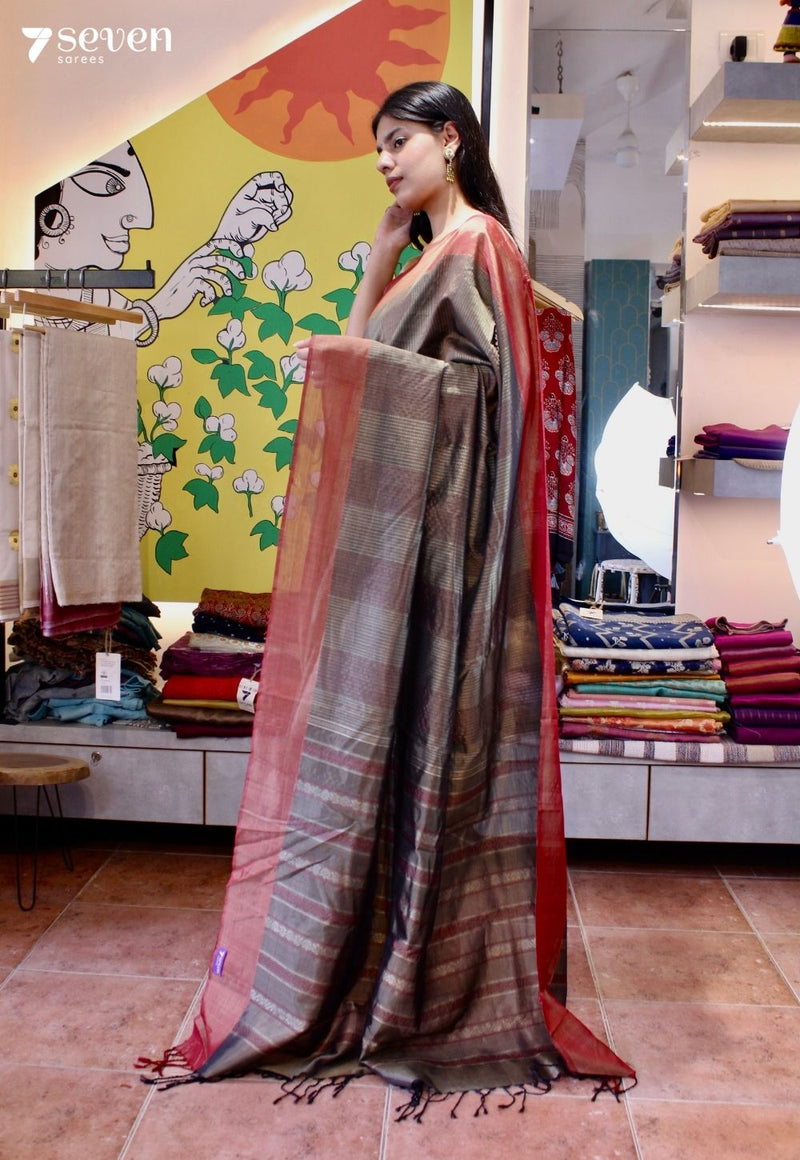 Glazed Petals Signature Seven Handloom Grey Bangalore Vegan Silk Saree - Seven Sarees - Saree - Seven Sarees