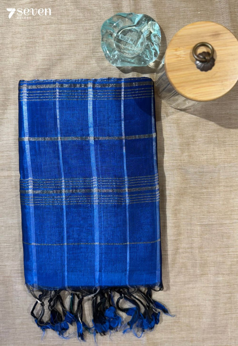 Godaveri Mangalagiri Handloom Blue Vegan Silk Saree with checks - Seven Sarees - Saree - Seven Sarees