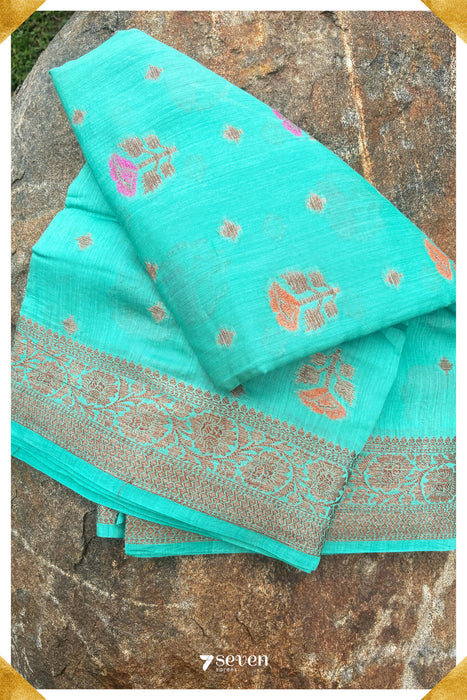 Gomti Benares Turquoise Pure Silk Saree | Silk Mark Certified - Seven Sarees - Saree - Seven Sarees