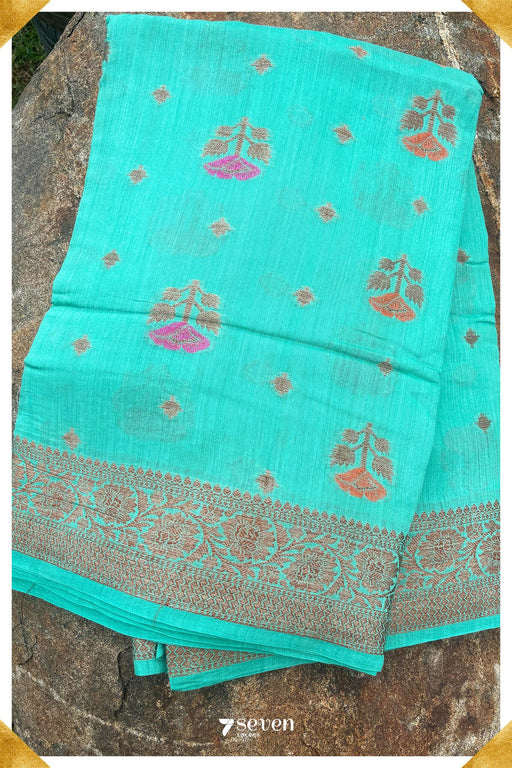 Gomti Benares Turquoise Pure Silk Saree | Silk Mark Certified - Seven Sarees - Saree - Seven Sarees