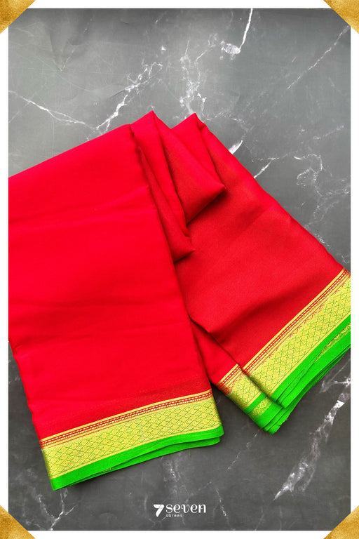 Gulabi Signature Seven Authentic Green - Red Mysore Pure Silk Saree|Silk Mark Certified - Seven Sarees - Saree - Seven Sarees