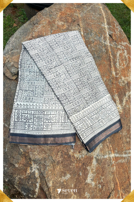 Hakki Chattisgarh White Digital Printed Pure Kosa Silk Saree|Silk Mark Certified - Seven Sarees - Saree - Seven Sarees