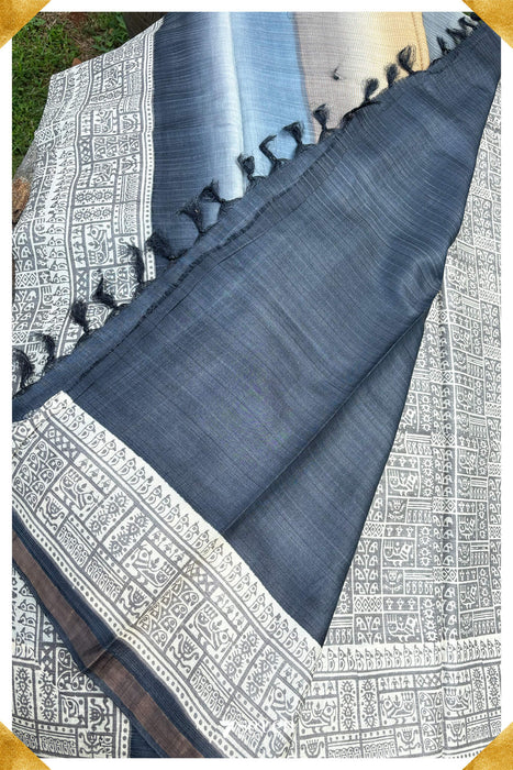 Hakki Chattisgarh White Digital Printed Pure Kosa Silk Saree|Silk Mark Certified - Seven Sarees - Saree - Seven Sarees