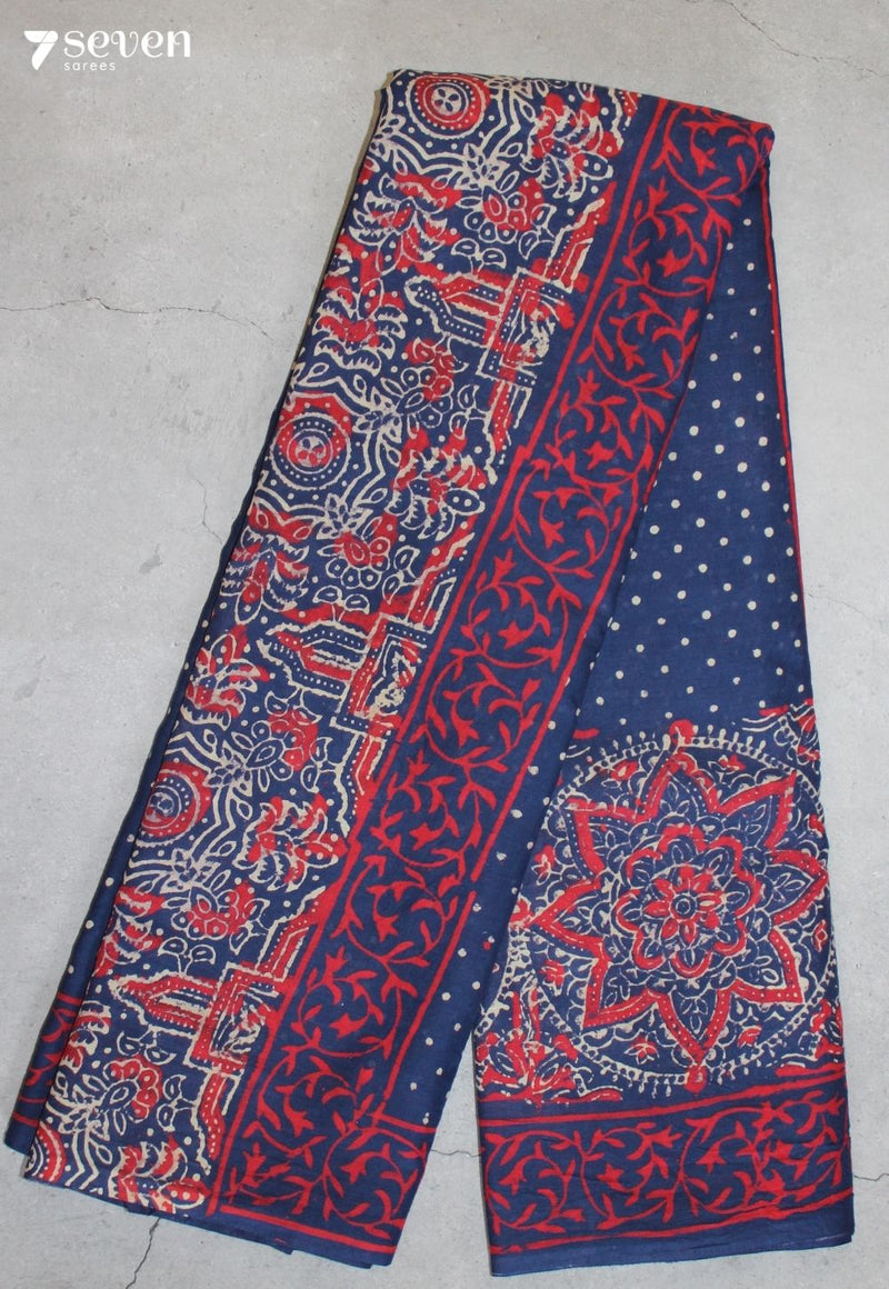 Harmegha Jaipur Blue Hand Block Printed 100% Cotton Saree - Seven Sarees - Saree - Seven Sarees