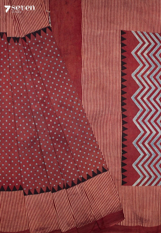 Hemraya Kutch Red Pure Handmade Ajrakh 100% Cotton Saree - Seven Sarees - Saree - Seven Sarees