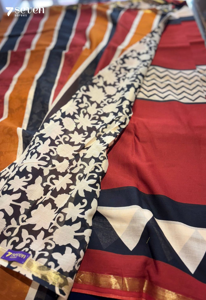 Hilltop Honey Jaipur Red Handblock 100% Cotton Saree - Seven Sarees - Saree - Seven Sarees