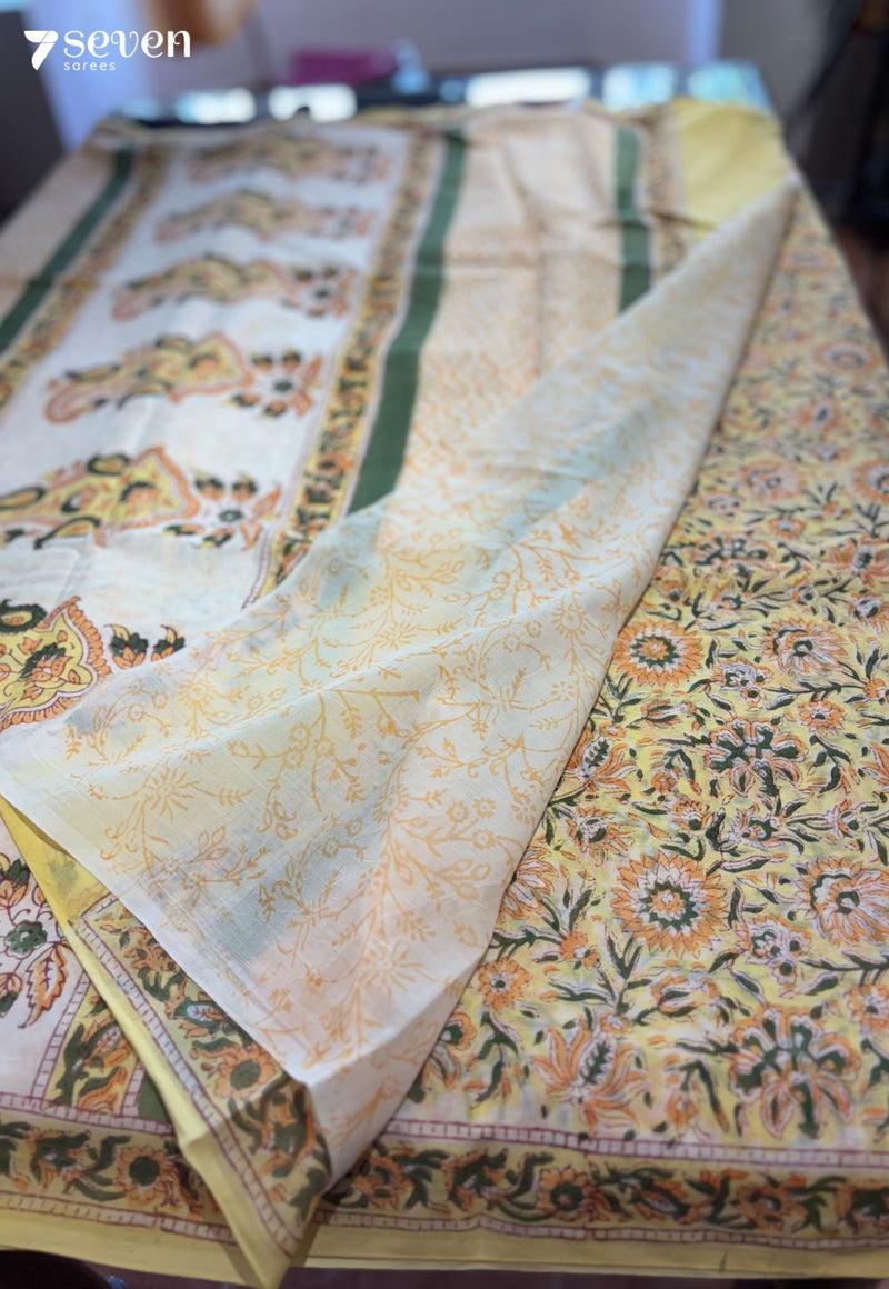Honey Hour Jaipur Yellow Handblock 100% Cotton Saree - Seven Sarees - Saree - Seven Sarees