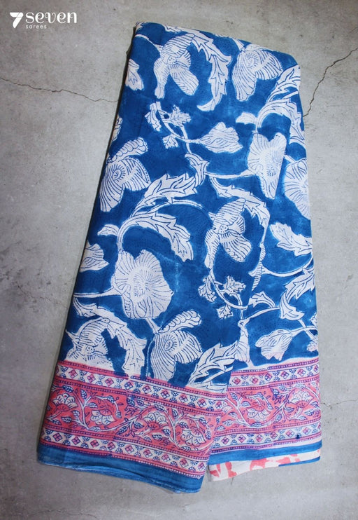 Iraaya Jaipur Blue Hand Block Printed 100% Cotton Saree - Seven Sarees - Saree - Seven Sarees