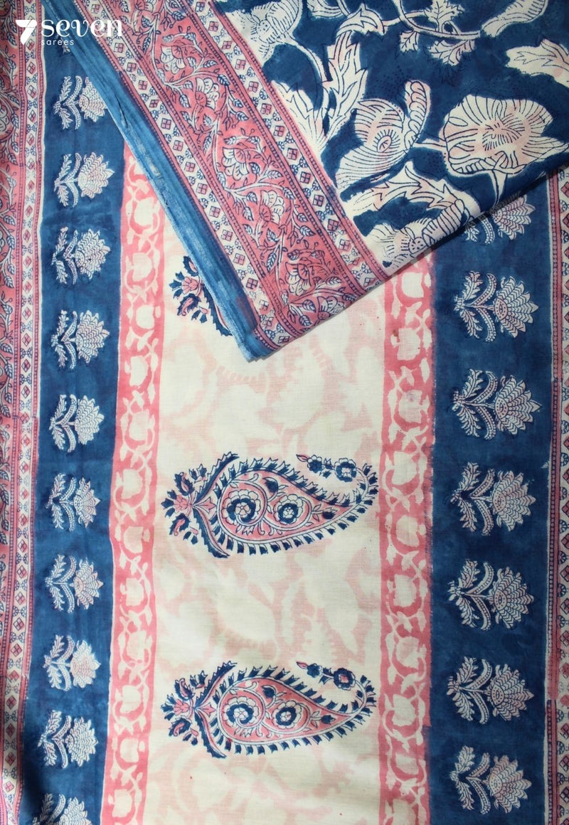 Iraaya Jaipur Blue Hand Block Printed 100% Cotton Saree - Seven Sarees - Saree - Seven Sarees