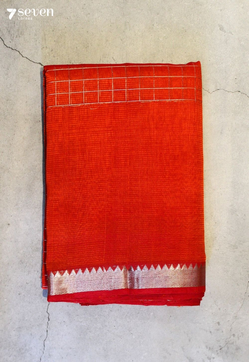 Iravasha Mangalagiri Handloom Orange-Red Silk Cotton Checked Saree - Seven Sarees - Saree - Seven Sarees