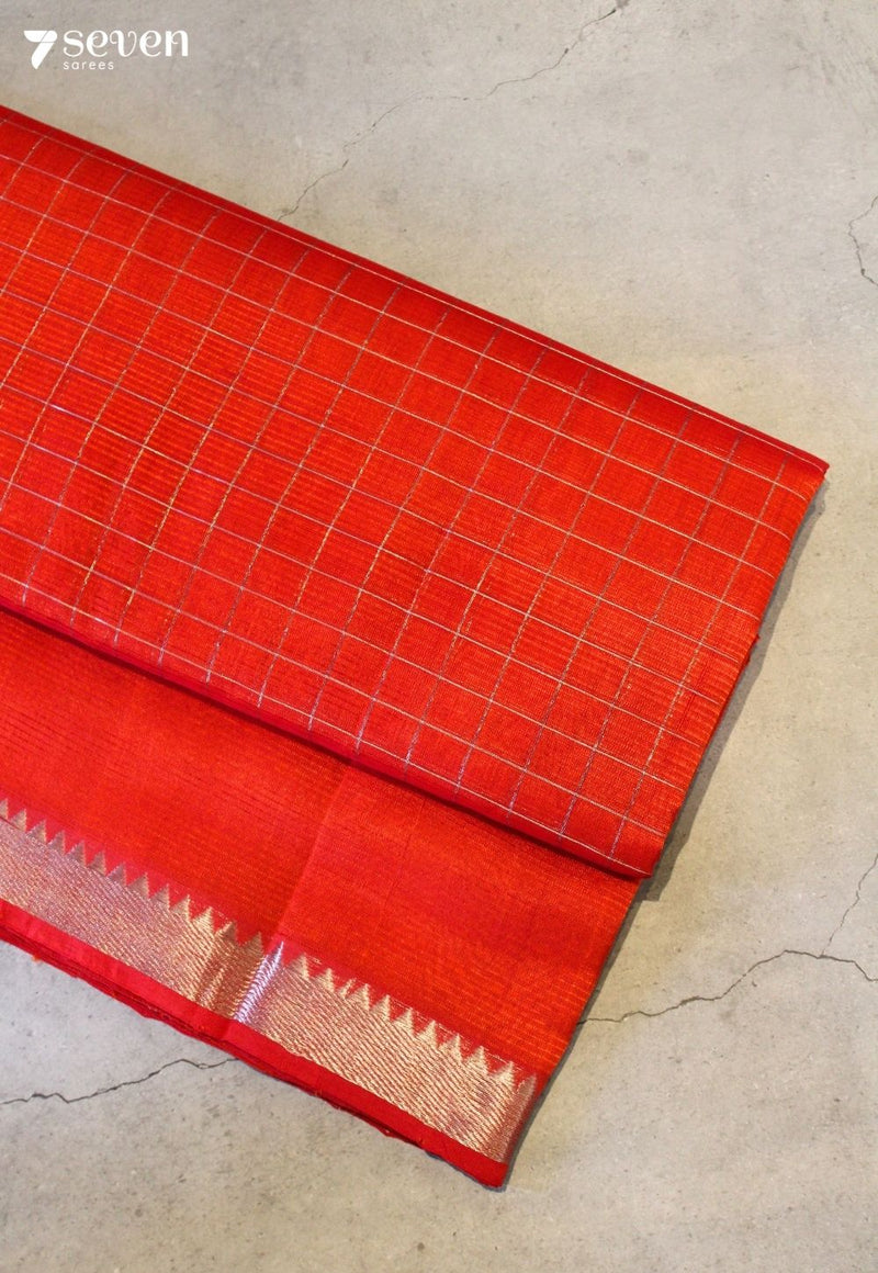 Iravasha Mangalagiri Handloom Orange-Red Silk Cotton Checked Saree - Seven Sarees - Saree - Seven Sarees
