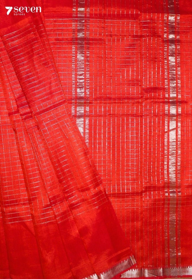 Iravasha Mangalagiri Handloom Orange-Red Silk Cotton Checked Saree - Seven Sarees - Saree - Seven Sarees
