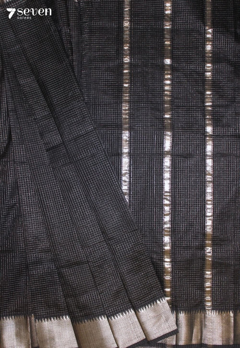 Jalrava Mangalagiri Handloom Black Silk Cotton Checked Saree - Seven Sarees - Saree - Seven Sarees
