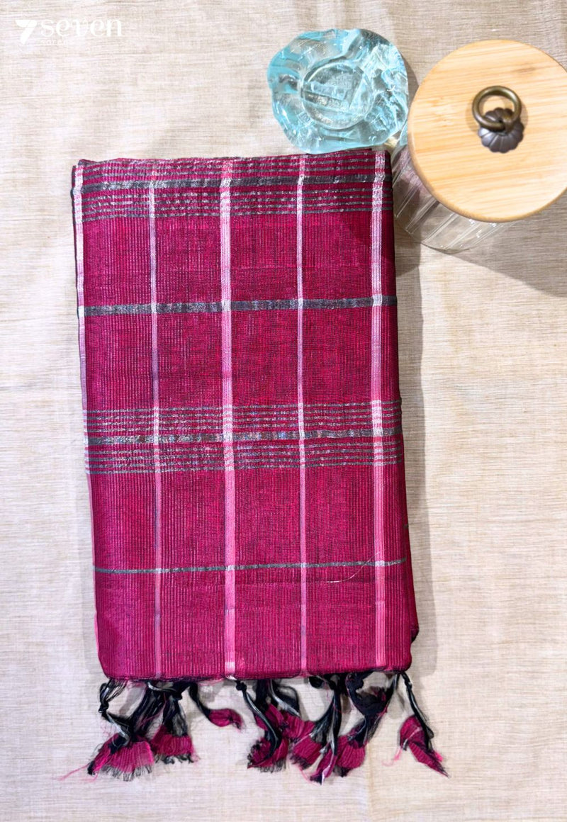 Jamu Chettu Mangalagiri Handloom Rani Pink Vegan Silk Saree with checks - Seven Sarees - Saree - Seven Sarees