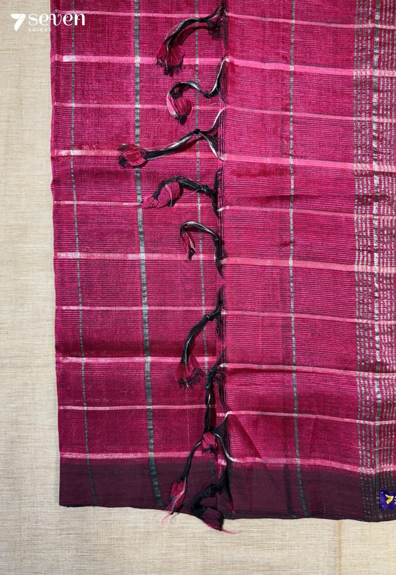 Jamu Chettu Mangalagiri Handloom Rani Pink Vegan Silk Saree with checks - Seven Sarees - Saree - Seven Sarees