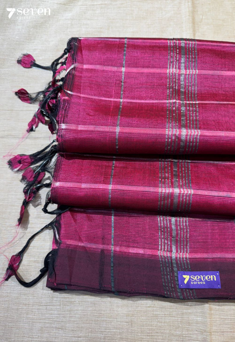 Jamu Chettu Mangalagiri Handloom Rani Pink Vegan Silk Saree with checks - Seven Sarees - Saree - Seven Sarees