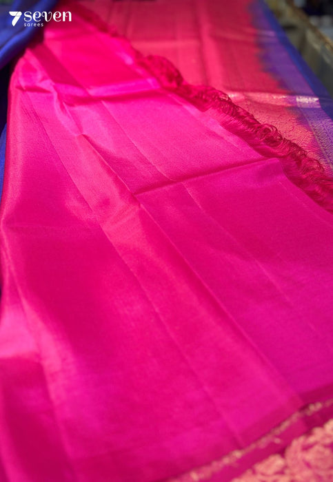 Jamun Flower Signature Seven Handloom Blue/ Red Bangalore Pure Silk Saree|Silk Mark Certified - Seven Sarees - Saree - Seven Sarees