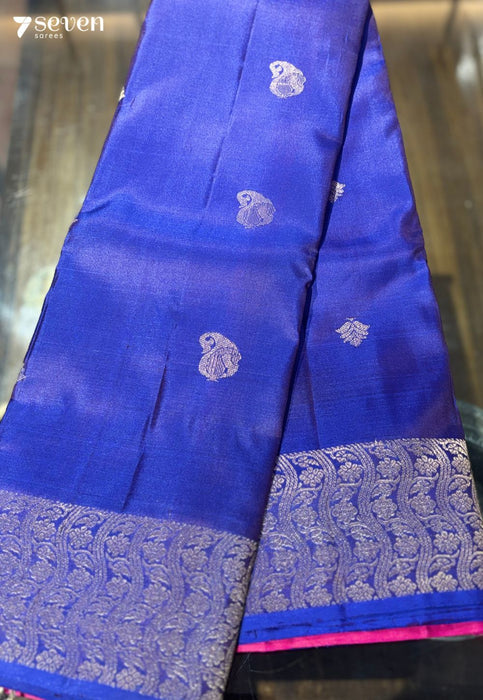 Jamun Flower Signature Seven Handloom Blue/ Red Bangalore Pure Silk Saree|Silk Mark Certified - Seven Sarees - Saree - Seven Sarees