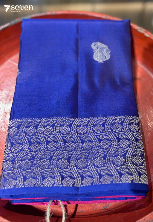Jamun Flower Signature Seven Handloom Blue/ Red Bangalore Pure Silk Saree|Silk Mark Certified - Seven Sarees - Saree - Seven Sarees