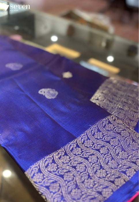 Jamun Flower Signature Seven Handloom Blue/ Red Bangalore Pure Silk Saree|Silk Mark Certified - Seven Sarees - Saree - Seven Sarees