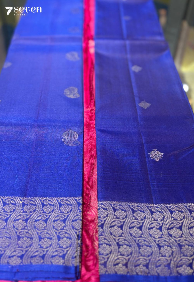 Jamun Flower Signature Seven Handloom Blue/ Red Bangalore Pure Silk Saree|Silk Mark Certified - Seven Sarees - Saree - Seven Sarees