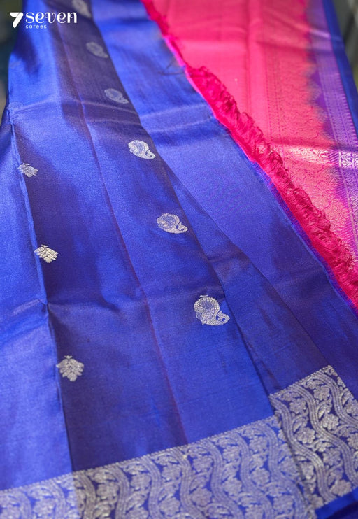 Jamun Flower Signature Seven Handloom Blue/ Red Bangalore Pure Silk Saree|Silk Mark Certified - Seven Sarees - Saree - Seven Sarees