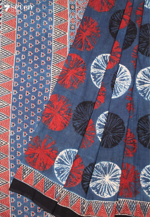 Jehali Kutch Blue Pure Handmade Ajrakh 100% Cotton Saree - Seven Sarees - Saree - Seven Sarees