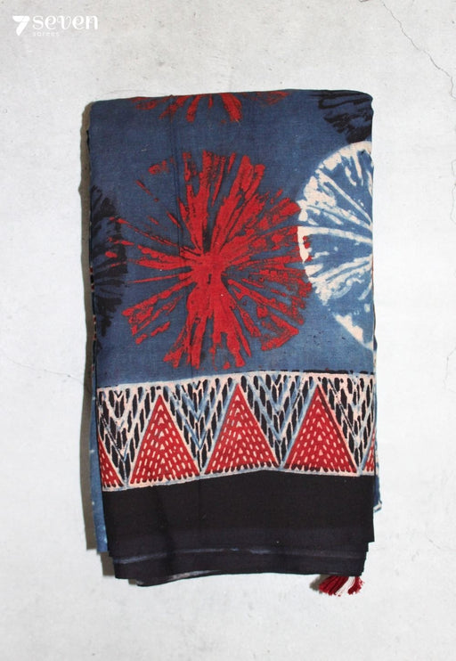Jehali Kutch Blue Pure Handmade Ajrakh 100% Cotton Saree - Seven Sarees - Saree - Seven Sarees