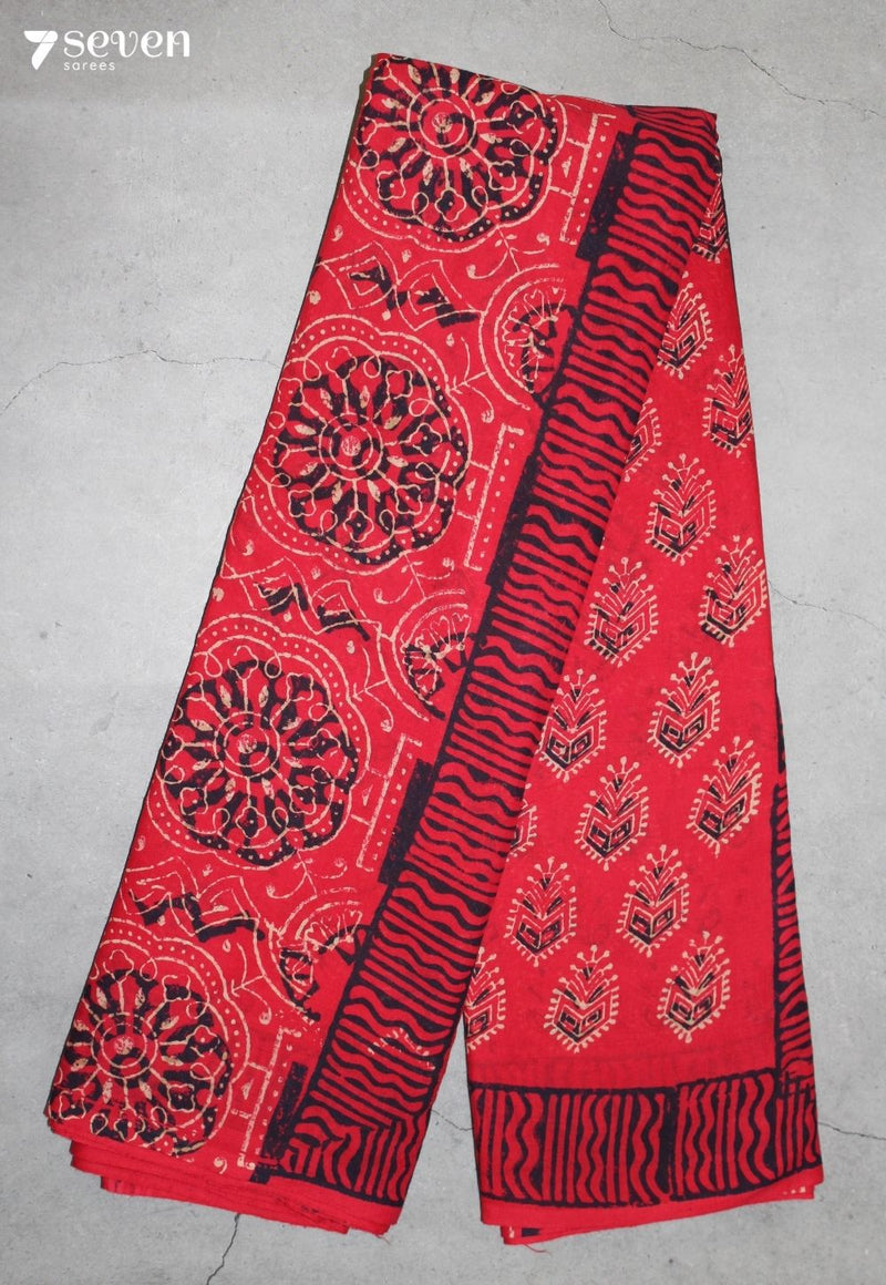Jharini Jaipur Red Hand Block Printed 100% Cotton Saree - Seven Sarees - Saree - Seven Sarees