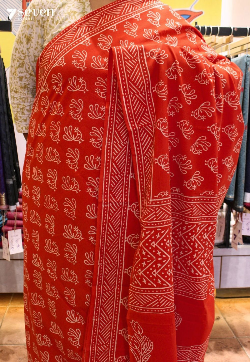 Jyoti Jaipur Red Hand Block Printed 100% Cotton Saree - Seven Sarees - Saree - Seven Sarees