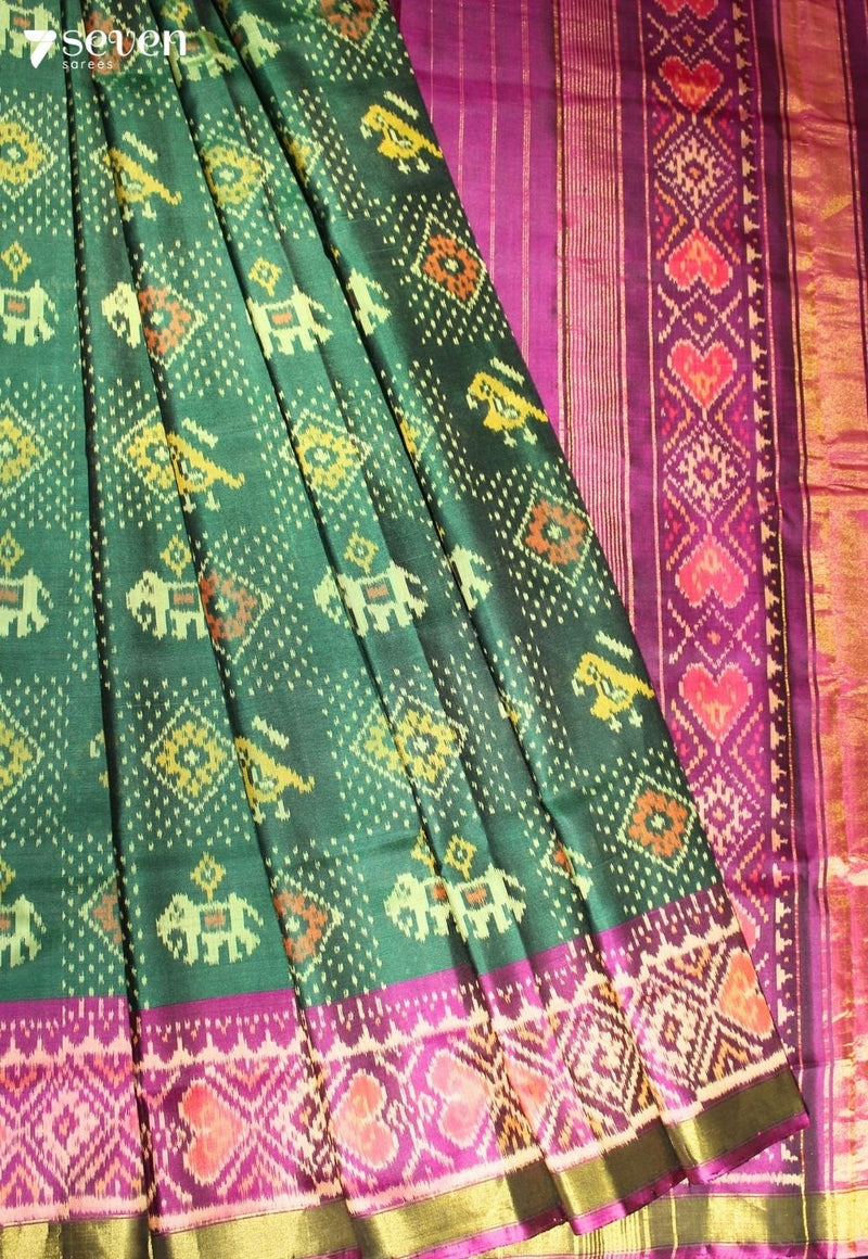 Kairavi Patola Handloom Single Ikkat Green Pure Silk Saree|Silk Mark Certified - Seven Sarees - Saree - Seven Sarees