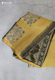 Kalmari Kutch Yellow Handmade Ajrakh 100% Cotton Saree - Seven Sarees - Saree - Seven Sarees