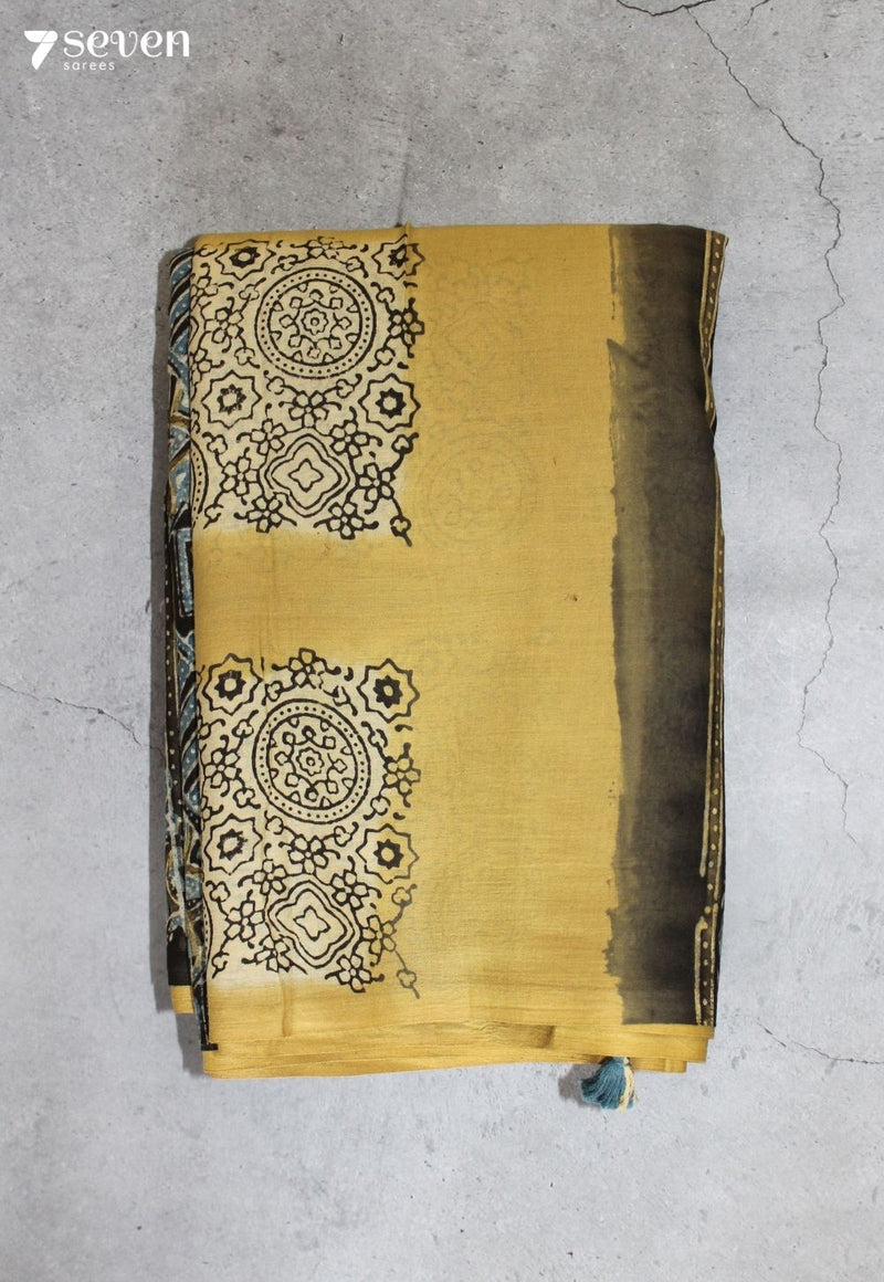 Kalmari Kutch Yellow Handmade Ajrakh 100% Cotton Saree - Seven Sarees - Saree - Seven Sarees