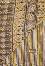 Kanthavi Jaipur Brown Hand Block Printed Vegetable Dyed 100% Cotton Saree - Seven Sarees - Saree - Seven Sarees