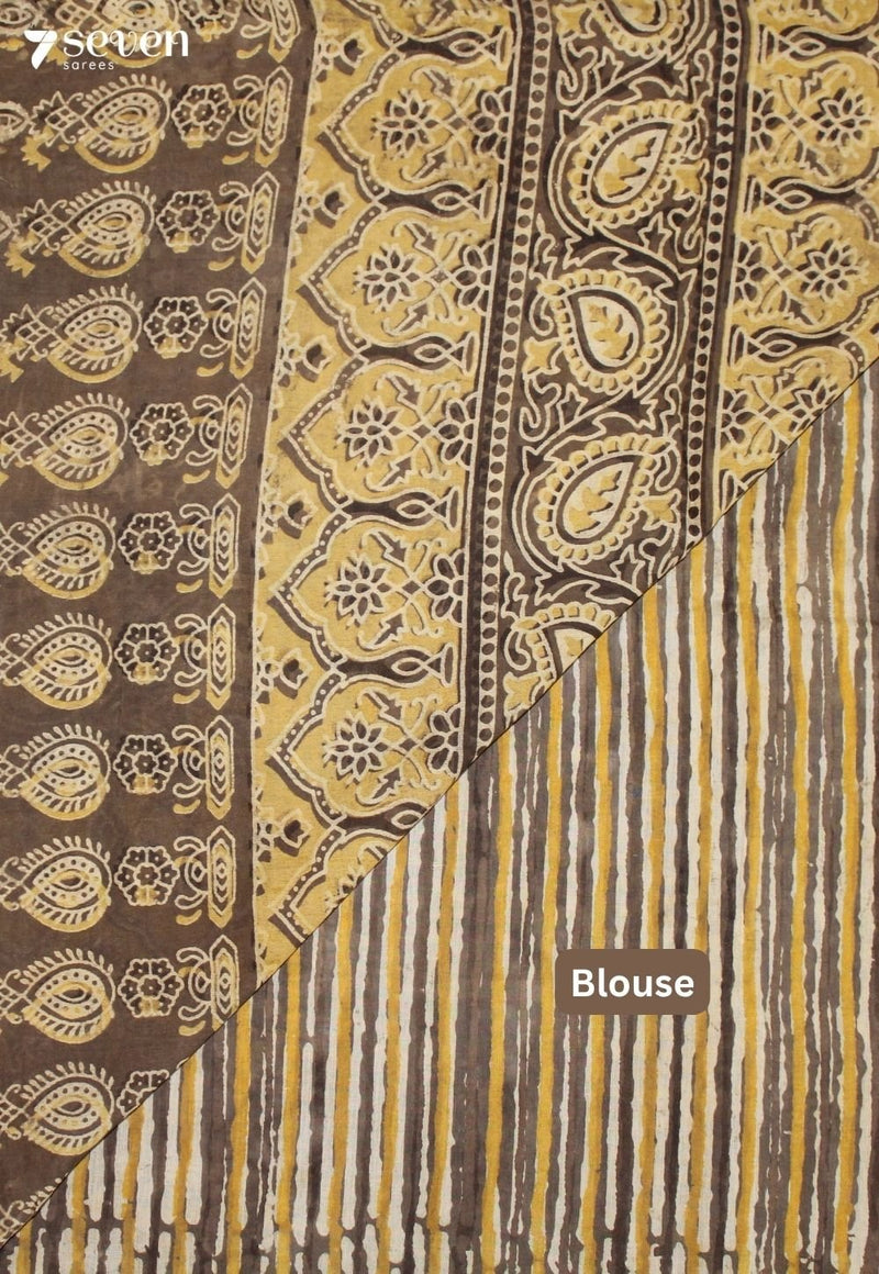 Kanthavi Jaipur Brown Hand Block Printed Vegetable Dyed 100% Cotton Saree - Seven Sarees - Saree - Seven Sarees